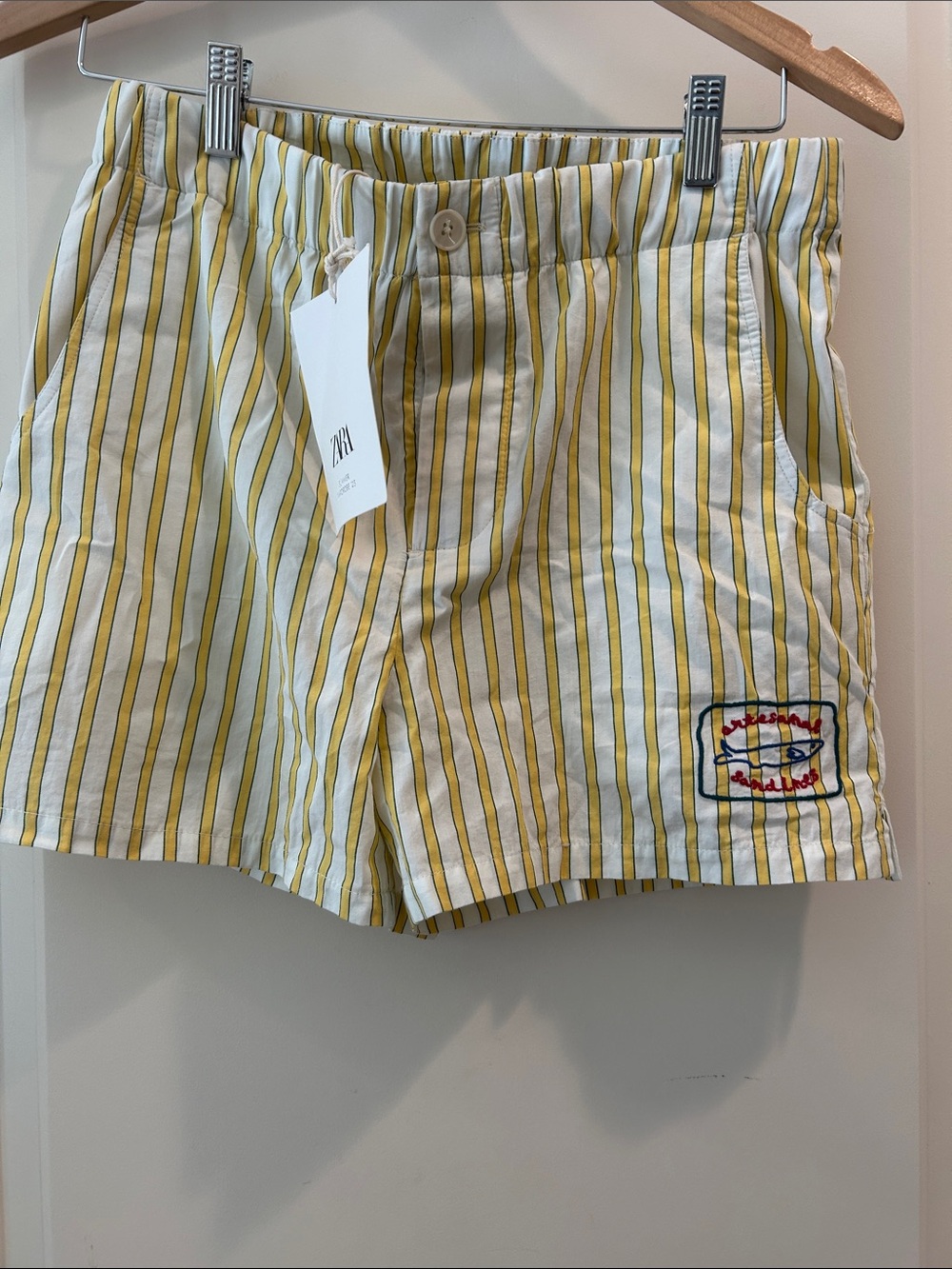 Zara Striped Casual Button Fly Boxer Shorts w/ graphic embroidery/pockets size S